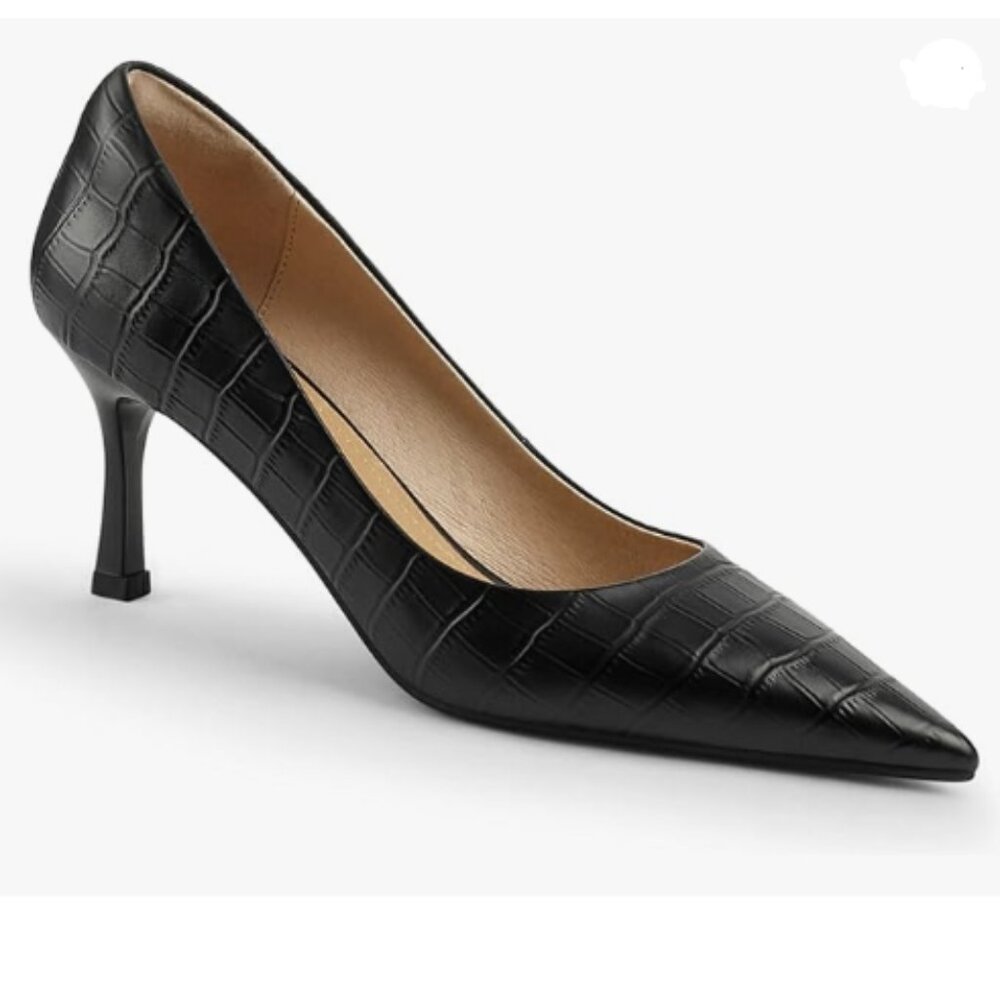 Fowt Simple Solid Croc-Embossed Pointed Toe Black… - image 1
